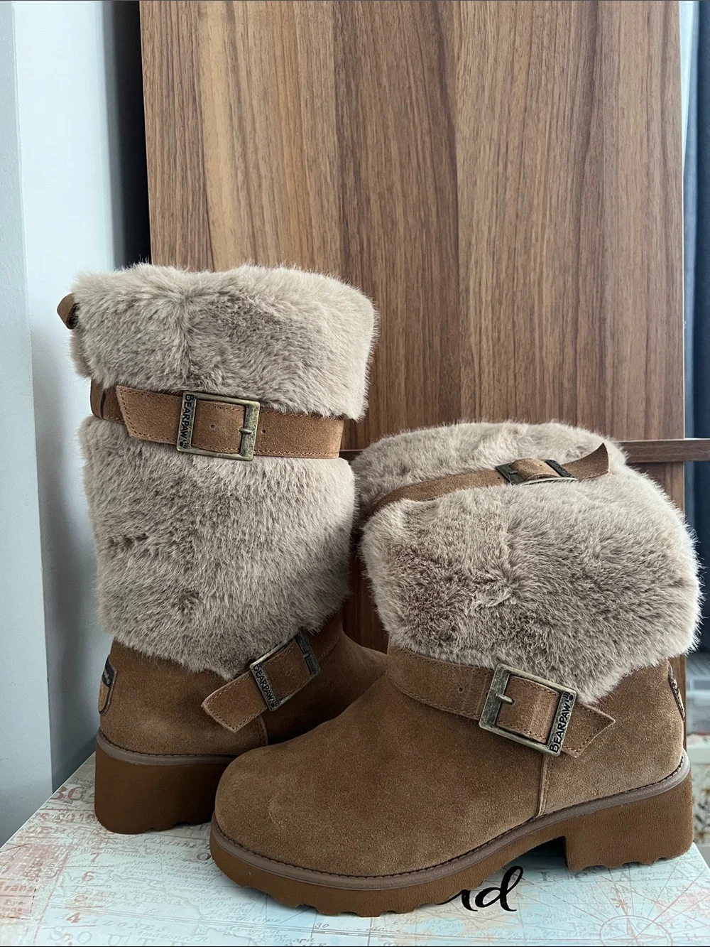 BearPaw Taupe Faux-Fur Suede Buckle Mid-Calf Boots